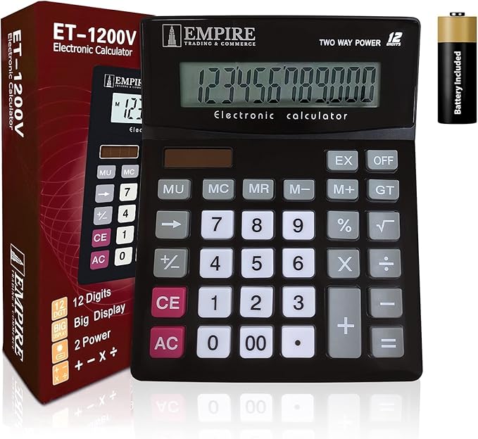 Empire Desk Calculator with Large Key Buttons, 12-Digit Large Eye-Angled Display by EMPIRE+TRADING+%26+COMMERCE