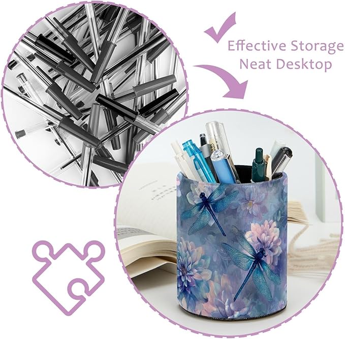 Leather Pen Holder for Desk Dragonfly Beautiful Pencil Cup Desktop Organizer - Image 4
