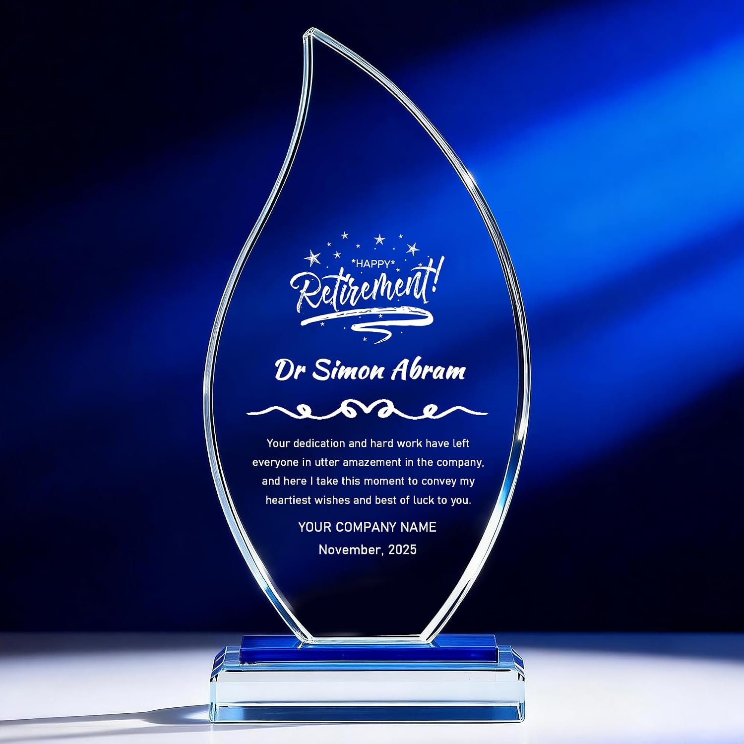 Personalized 8.75" Leaf Glass Award Trophy with Engraving and Color Fill | Custom Engraved with Name, LOGO and Appreciation Message, Faceted Design, Clear Crystal, Recognition Award, Glass Base