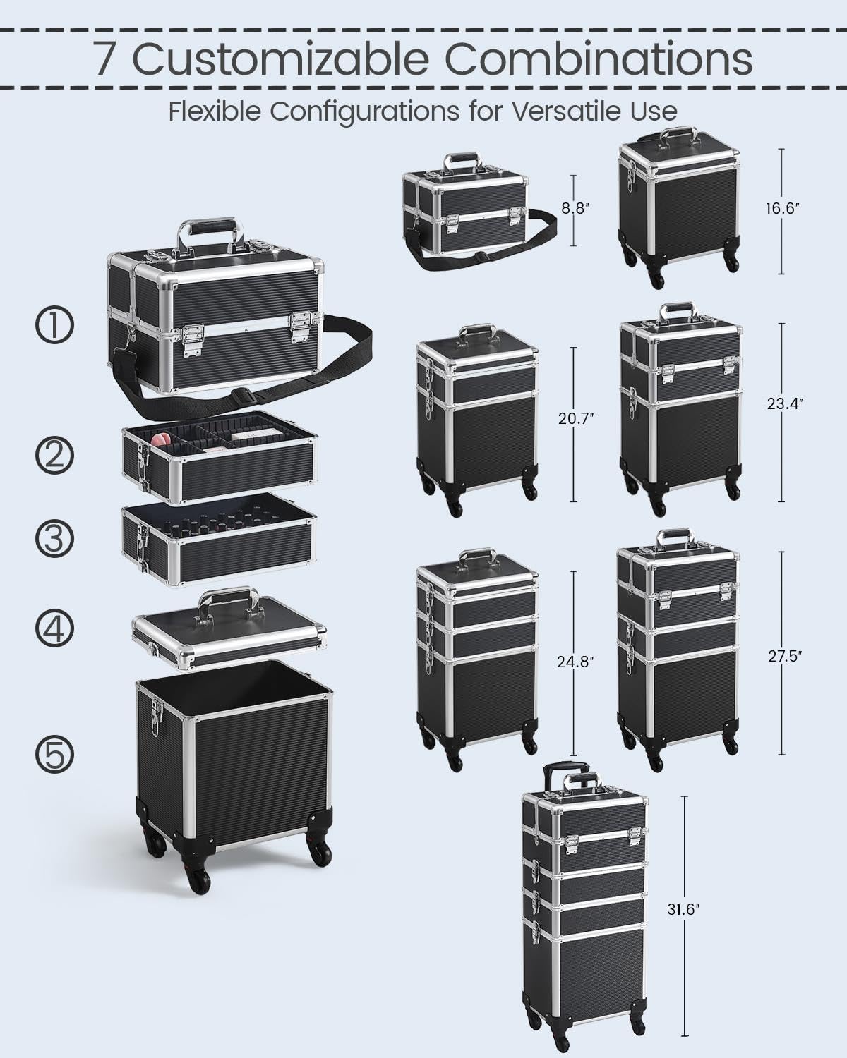 Yaheetech 5 in 1 Rolling Makeup Train Case, Lockable Black Cosmetology Cart
