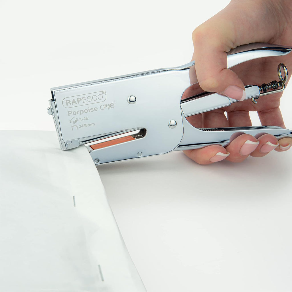 Rapesco 1626 Porpoise ONE Bypass Stapling Plier, 45 Sheet Capacity, Chrome | Bypass Stapling System, All-Metal Construction, Includes 1000 High Capacity 5/16" Staples, Storage Bag, 2-45 Sheet Range