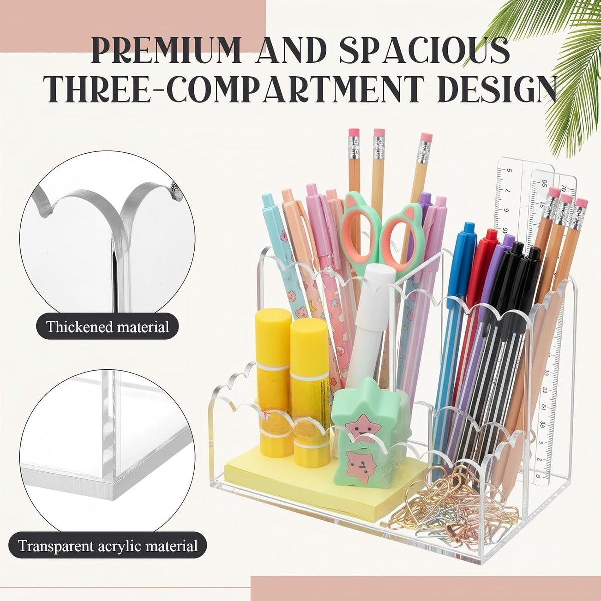 Scalloped Acrylic Pencil Holder for Desk, 3 Compartments