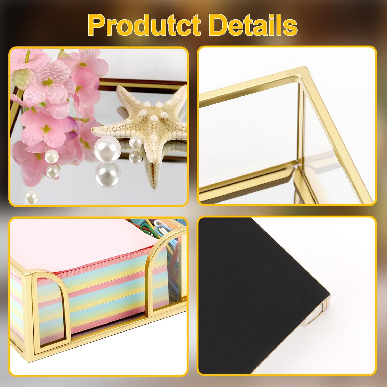 Glass Sticky Note Holder,2 Slots Gold Post It Note Dispenser for Desk,3 x 3 Inch Post It Note Holder, Stylish Sticky Note Dispenser for Home Office Desk Table Drawer