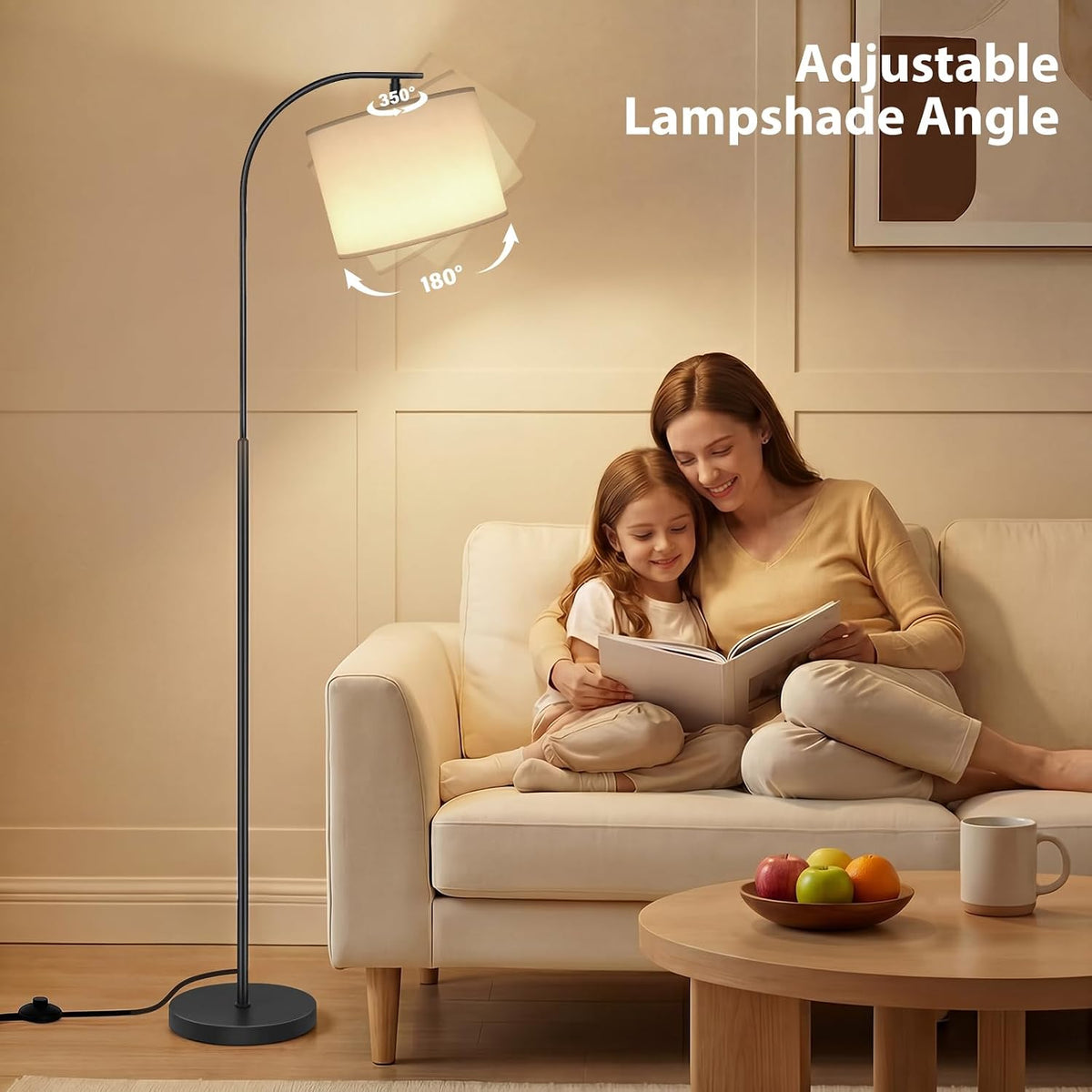 SIBRILLE Floor Lamp with Linen Shade, Arc Dimmable Tall Standing Lamp with Re...