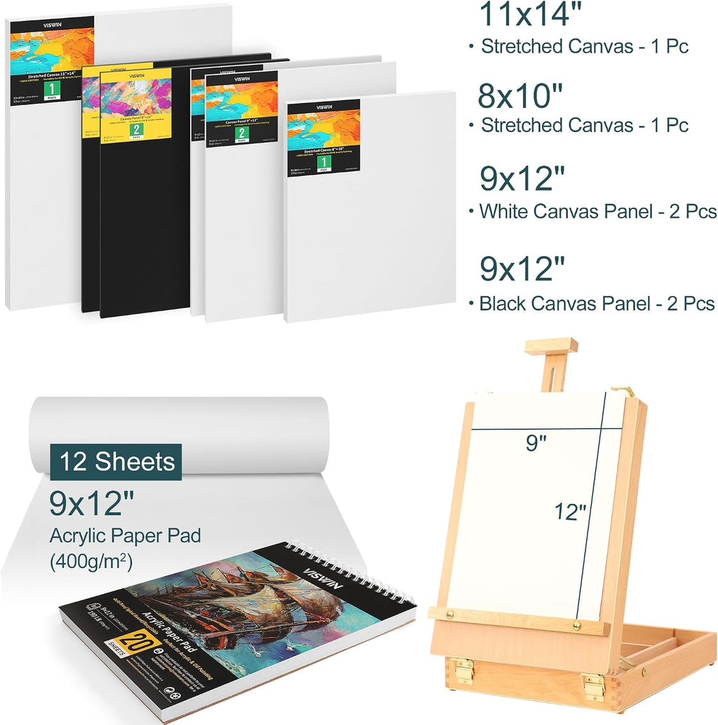 viswin 62 pcs acrylic paint set with easel, package contents