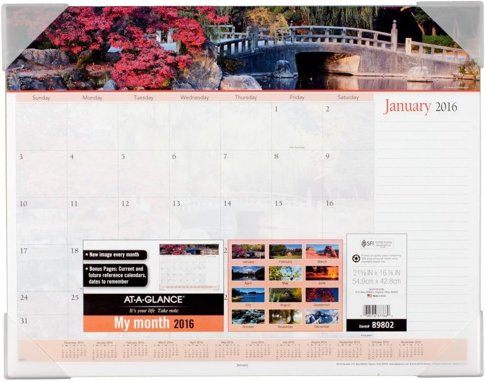 AT-A-GLANCE Monthly Desk Pad Calendar 2016, Landscapes Panoramic, 21-5/8 x 16...
