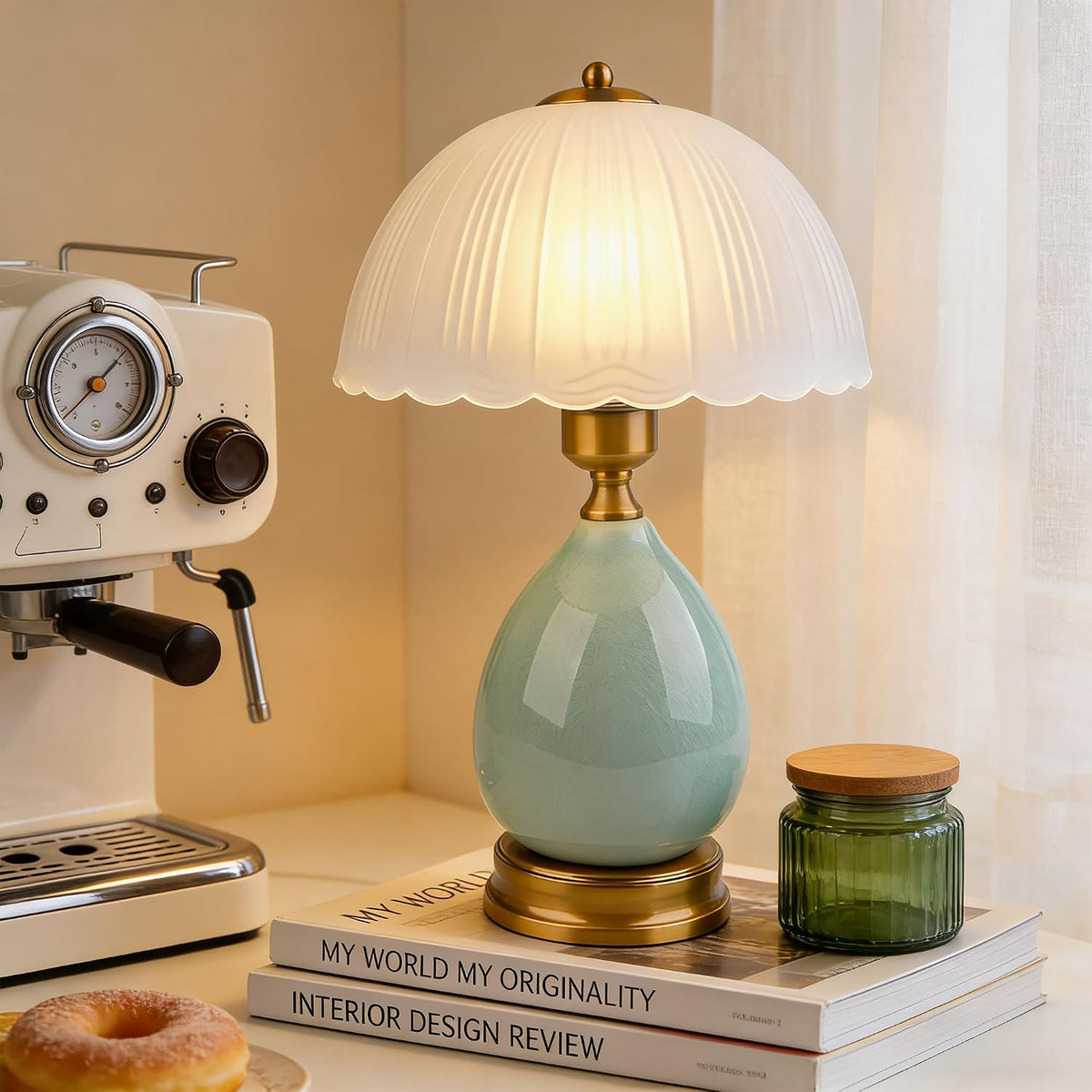 Ceramic Retro Table Lamp, Vintage, 15", Chinoiserie Green Glass