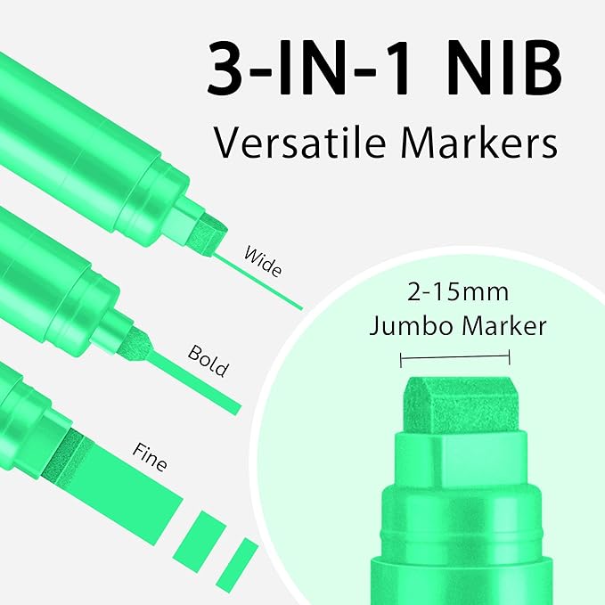 BIGTHUMB 3 Pcs Green Jumbo Permanent Markers: 15mm Wide Tip Thick Acrylic Paint - Image 2