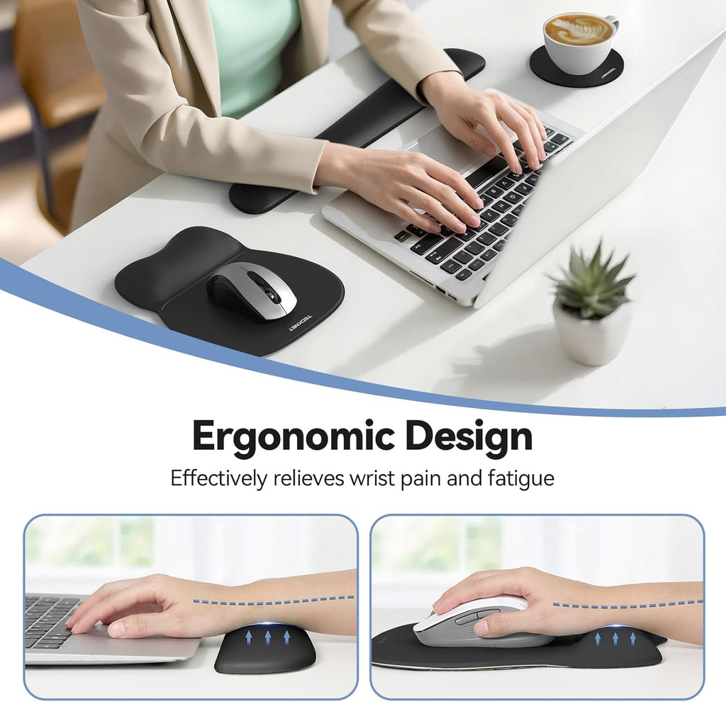 TECKNET Gel Ergonomic Mouse Pad & Keyboard Wrist Rest & Coaster | 3 in 1 Set, Pain Relief, Milk Silk Cloth, Non-Slip PU Base, Easy Typing, Memory Foam Wrist Support for Office & Home