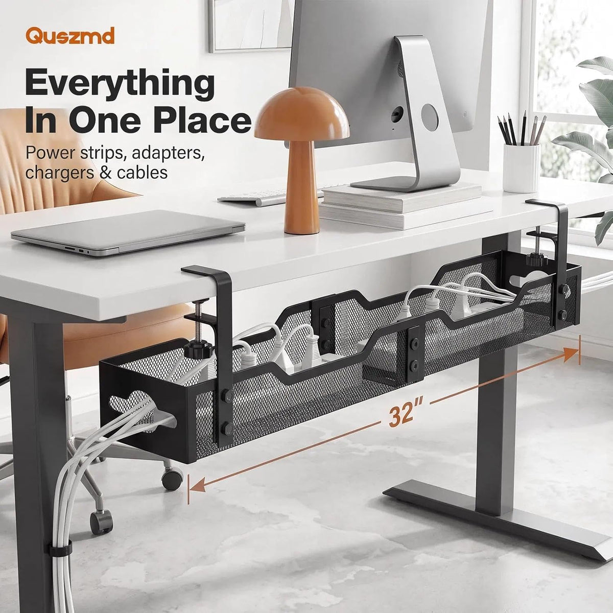 32" Under Desk Cable Management Tray, Quszmd Wire Organizer No Drill, Black