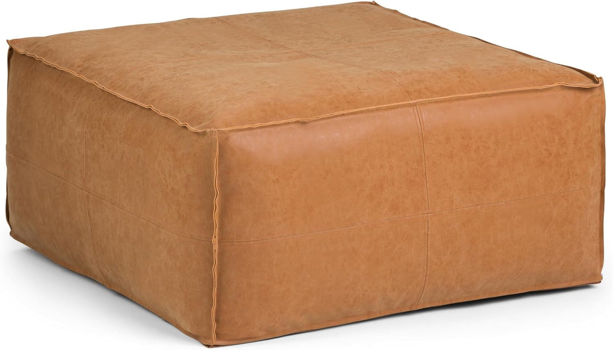 SIMPLIHOME Brody 30" Wide Pouf in Distressed Camel Brown Faux Leather