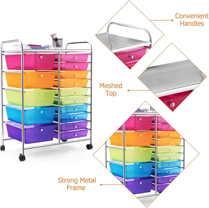 HAPPYGRILL 15-Drawer Rolling Cart, Storage Carts - Image 8