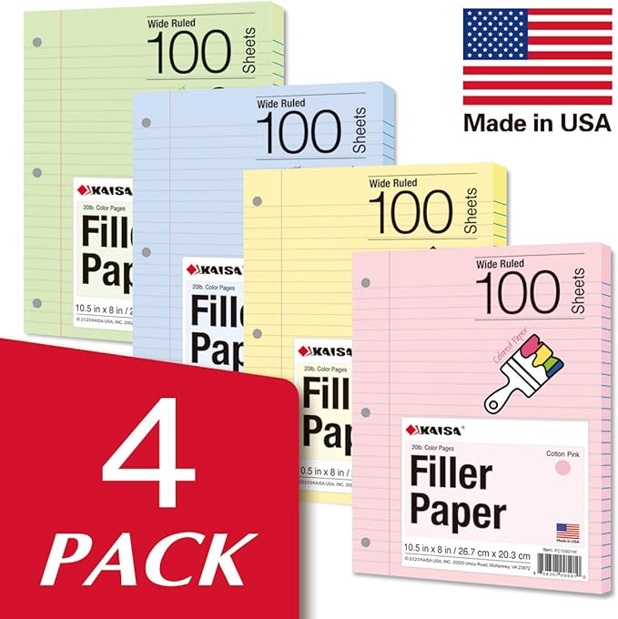 Kaisa Filler Paper Colored loose Leaf Paper, Wide Ruled 8x10.5in Colored Paper - Image 2