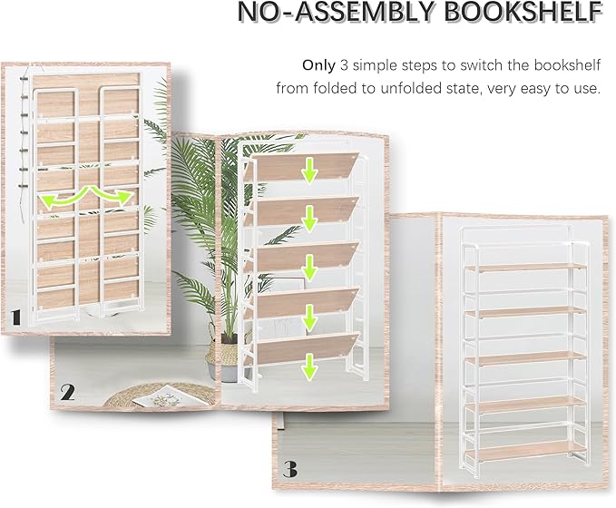 4NM No Assembly Extra Wide 5 Tiers Folding Bookshelf Storage Shelves Vintage - Image 6