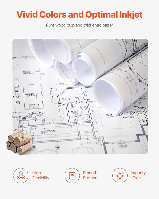 VEVOR Wide Format Paper, 24 in x 150 ft Plotter Roll, 8 Rolls CAD Bond Rolls - Image 5
