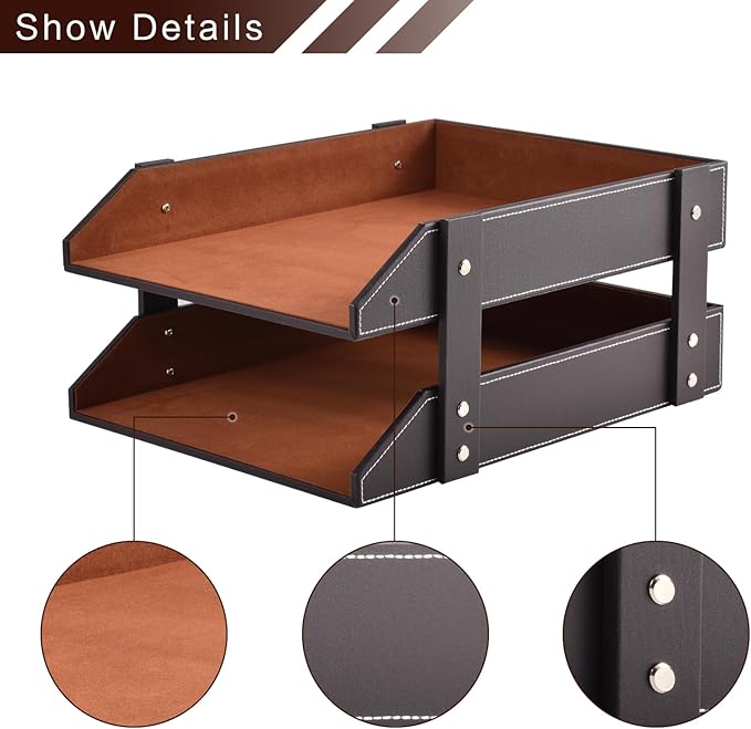 XNONE Leather Desk Organizer, 2-Tier Stackable Letter Tray Holder, Office - Image 4