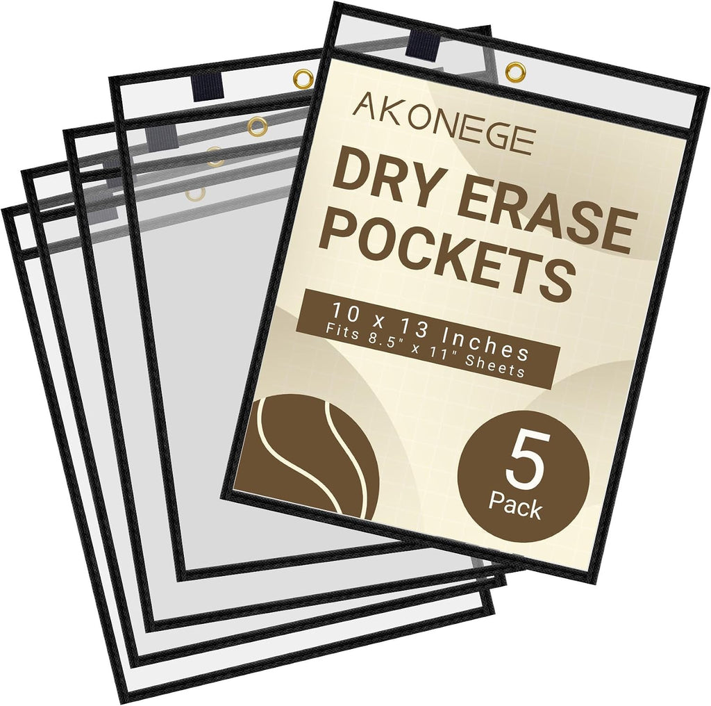 AKONEGE 5 Pack Oversized Dry Erase Pocket Sleeves Reusable 10 x 13 Inches Black Shop Job Ticket Holders Clear Plastic Sleeves Sheet Protectors for Documents, Teacher Classroom & Office Supplies