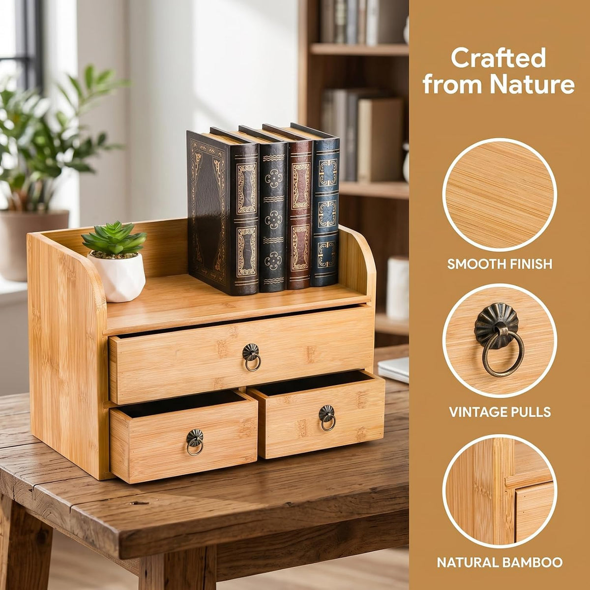 nicunom bamboo desk organizer, 3-tier bamboo tabletop storage showing dimensions