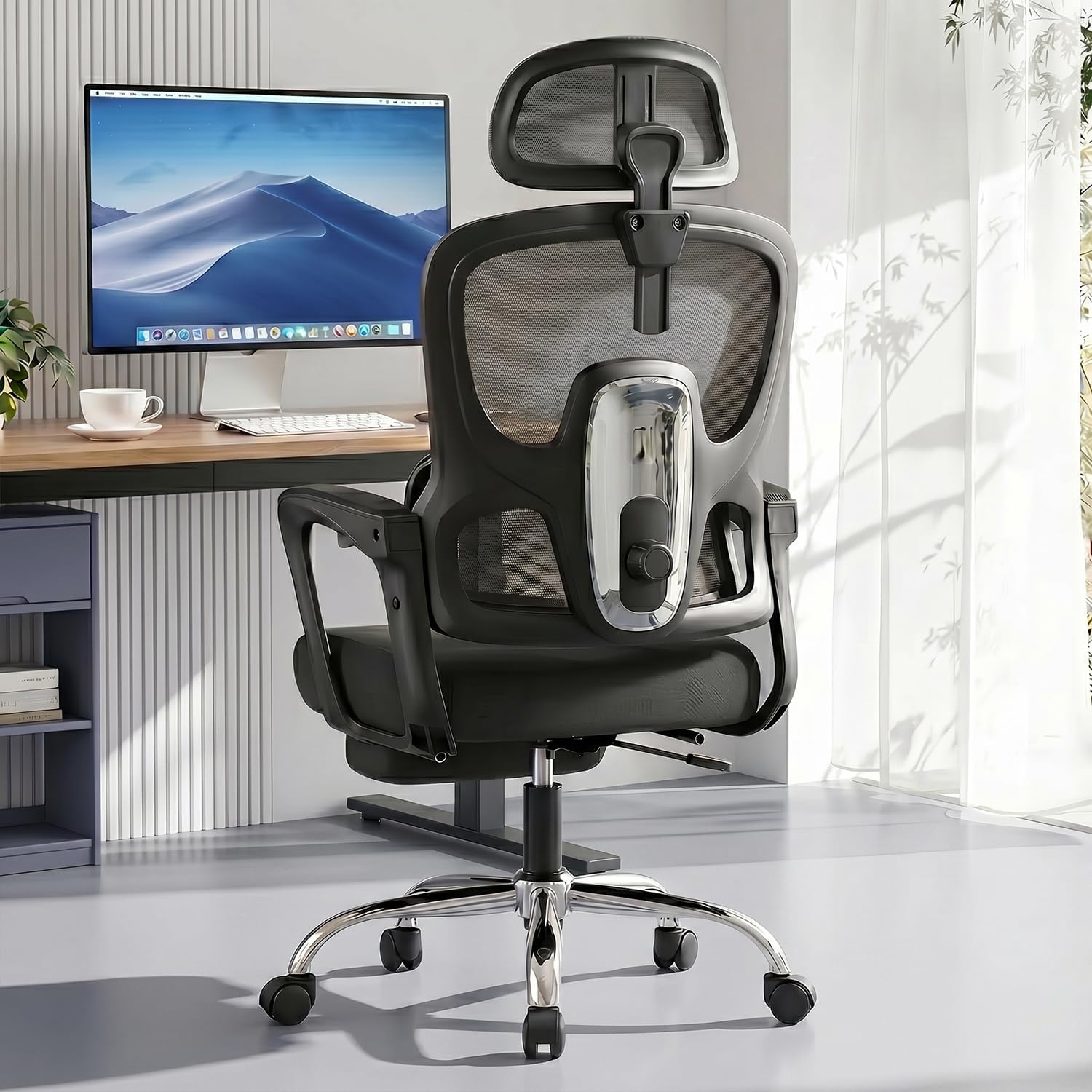 Ergonomic Office Chair with Footrest, 90-145° Reclining Desk Chair with Adjustable Lumbar Support & Headrest, High Back Mesh Computer Chair for Home Office/Gaming, 350lbs Capacity