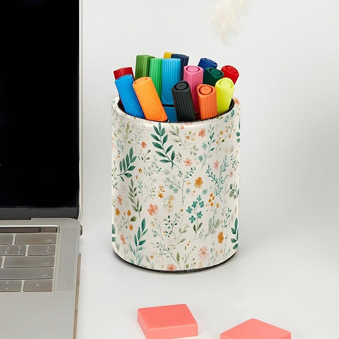 Leather Pen Holder for Desk Floral Leaf Pencil Cup Desktop Organizer Makeup - Image 5