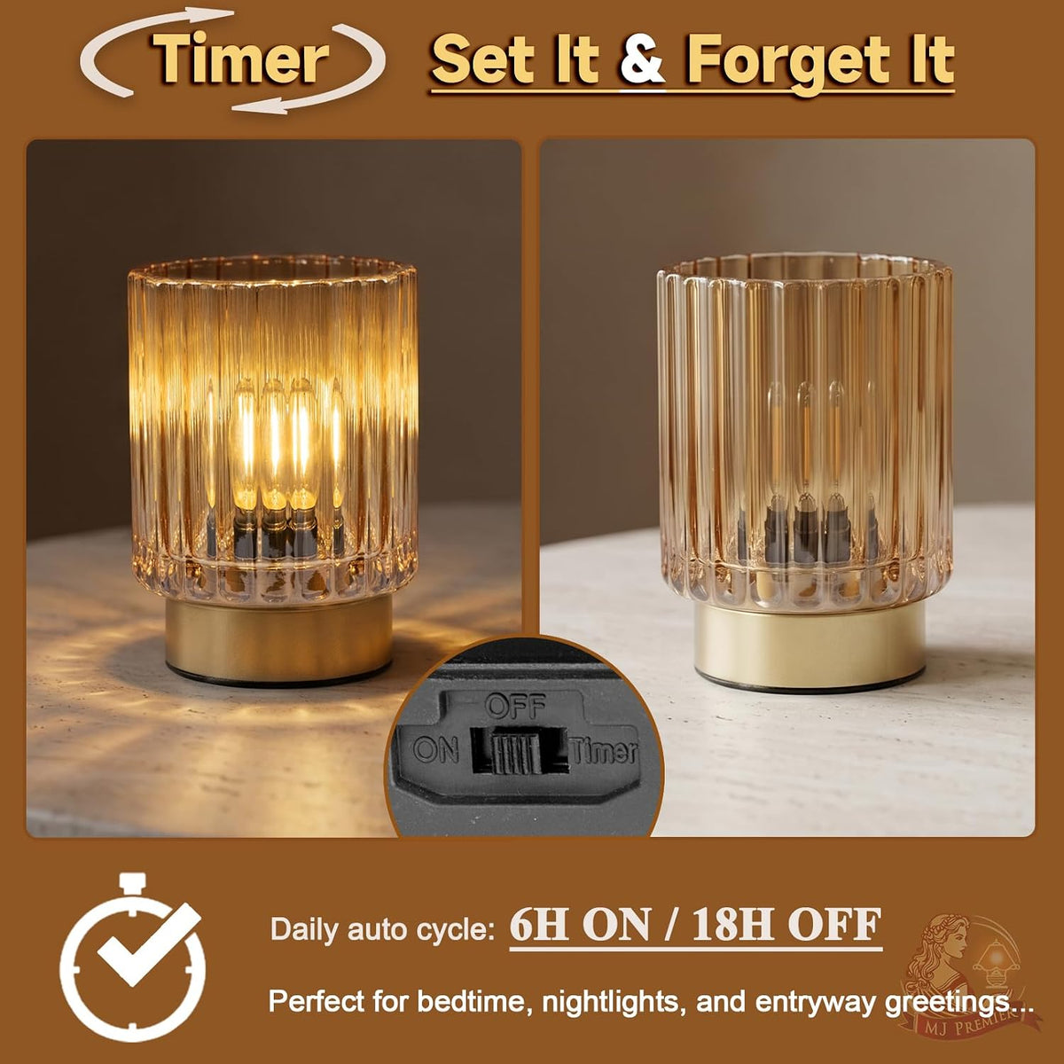Battery Operated Lamp Timer, Cordless Table Lamp for Shelf Decor, Stripe
