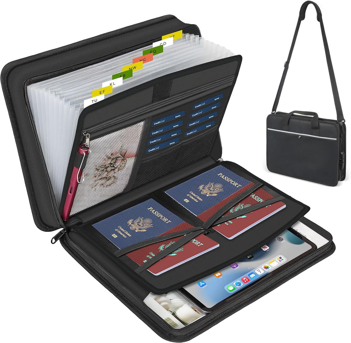 Accordion File Organizer with Lock and Shoulder Straps, Fireproof Waterproof
