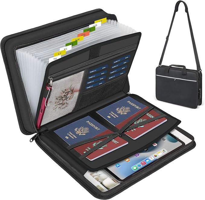 Accordion File Organizer with Lock and Shoulder Straps, Fireproof Waterproof by XIAODUN