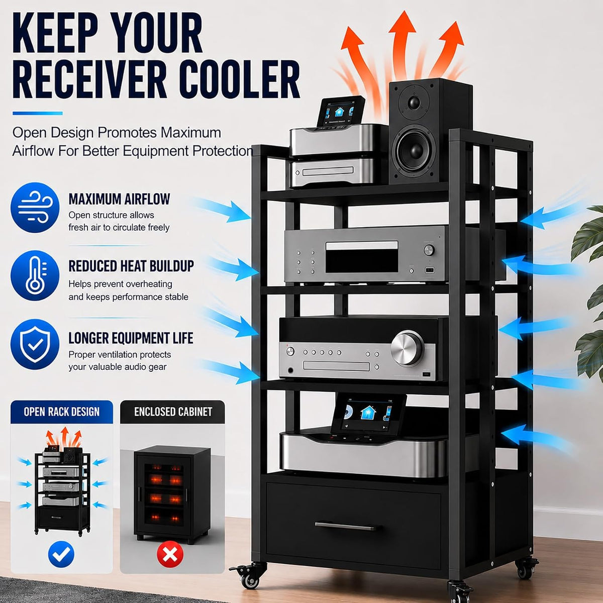 4-Tier Audio Rack with Wheels, AV Media Stand