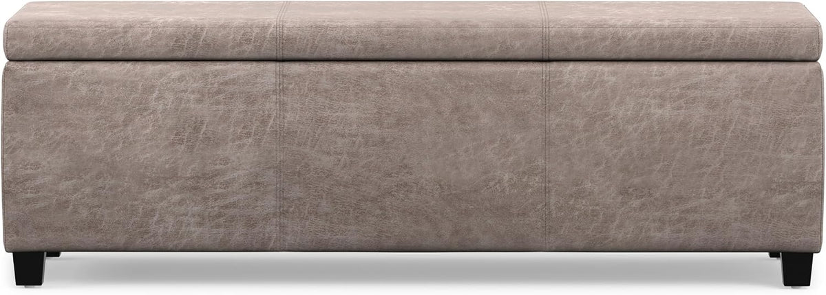 SIMPLIHOME Avalon 48" Wide Vegan Leather Storage Ottoman in Grey