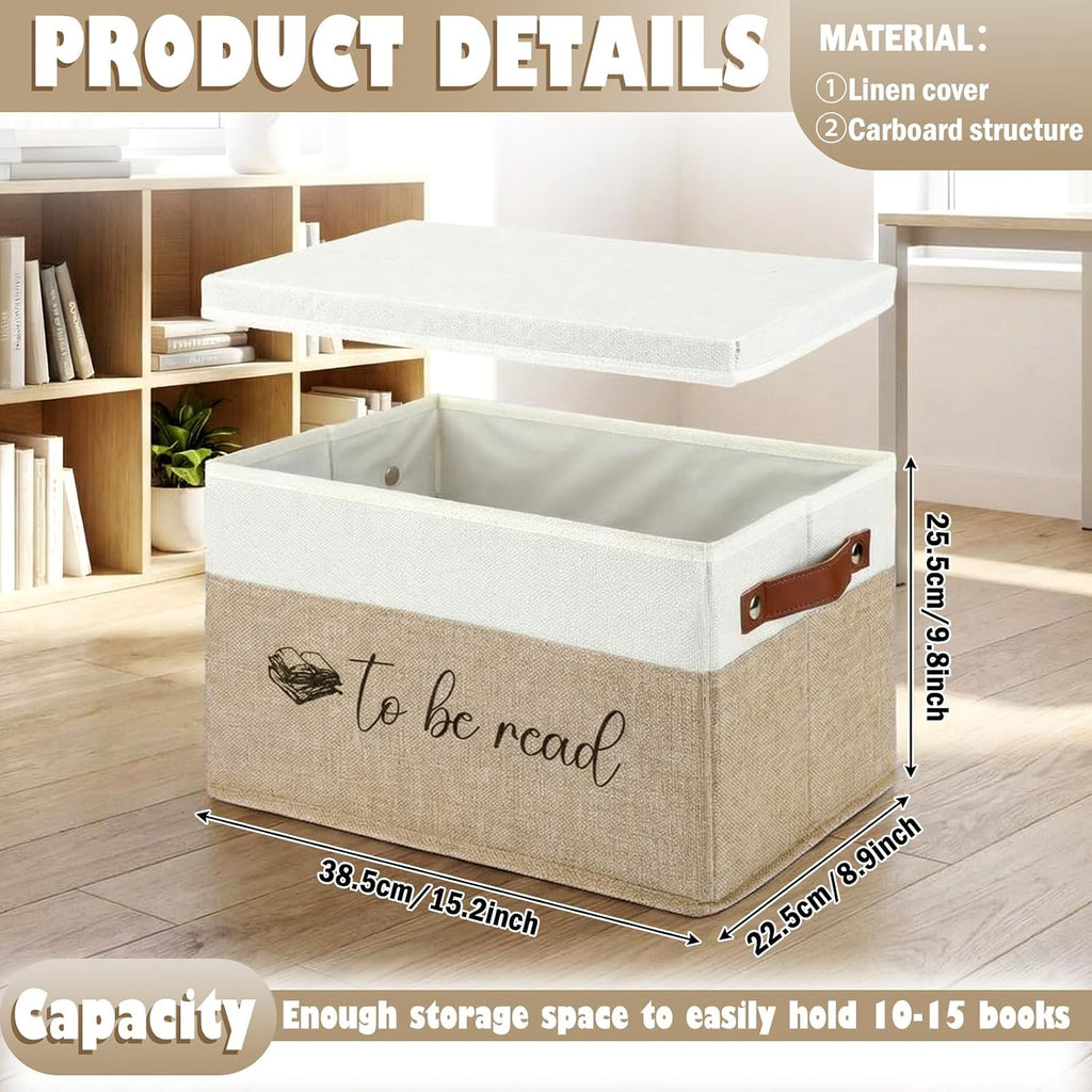 Marsui 1 Pcs Book Lover Gifts TBR Book Storage Basket with Lids,Camel | To Be Read Storage Bin, Linen with Leather Handles, Organizer for Paperback Novels, Bookish Gifts for Club Readers Teachers