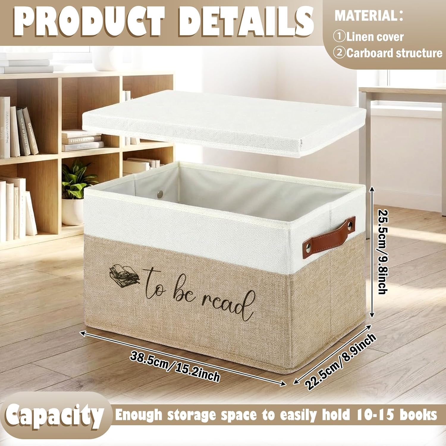 Marsui 1 Pcs Book Lover Gifts TBR Book Storage Basket with Lids,Camel | To Be Read Storage Bin, Linen with Leather Handles, Organizer for Paperback Novels, Bookish Gifts for Club Readers Teachers