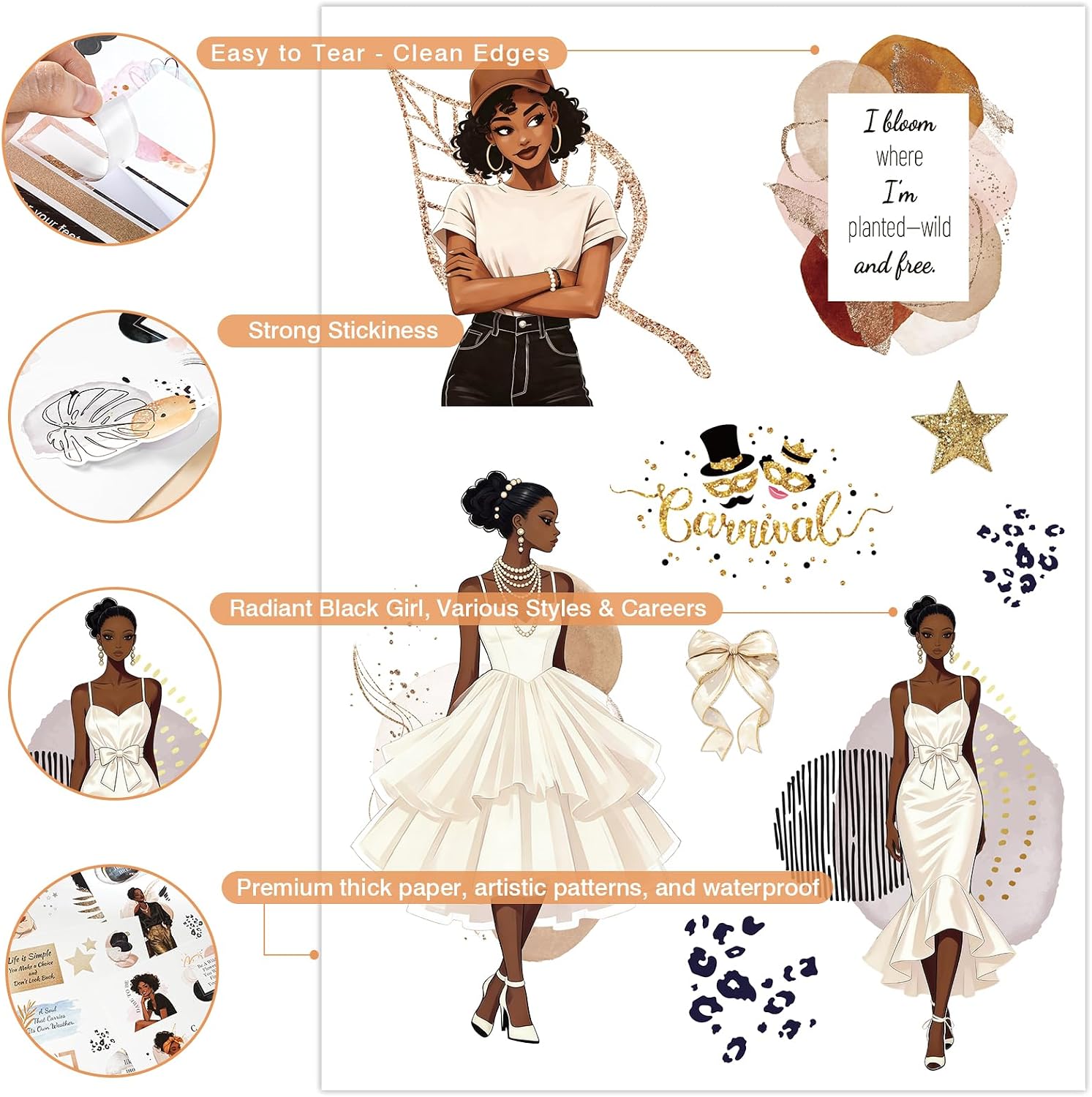 Black Girl Stickers Book - Planner Stickers, Journaling Sticker Decals | Inspirational African American Women Sticker for Adult, for Laptop, Water Bottle, Phone Case, Scrapbook Accessories for Women