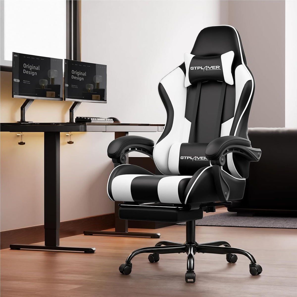 gtplayer gaming chair, computer chair with footrest and shown in use