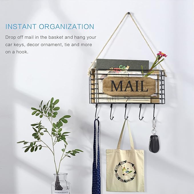 SRIWATANA Mail Organizer Wall Mount, Rustic Mail Holder Key Holder - Image 4
