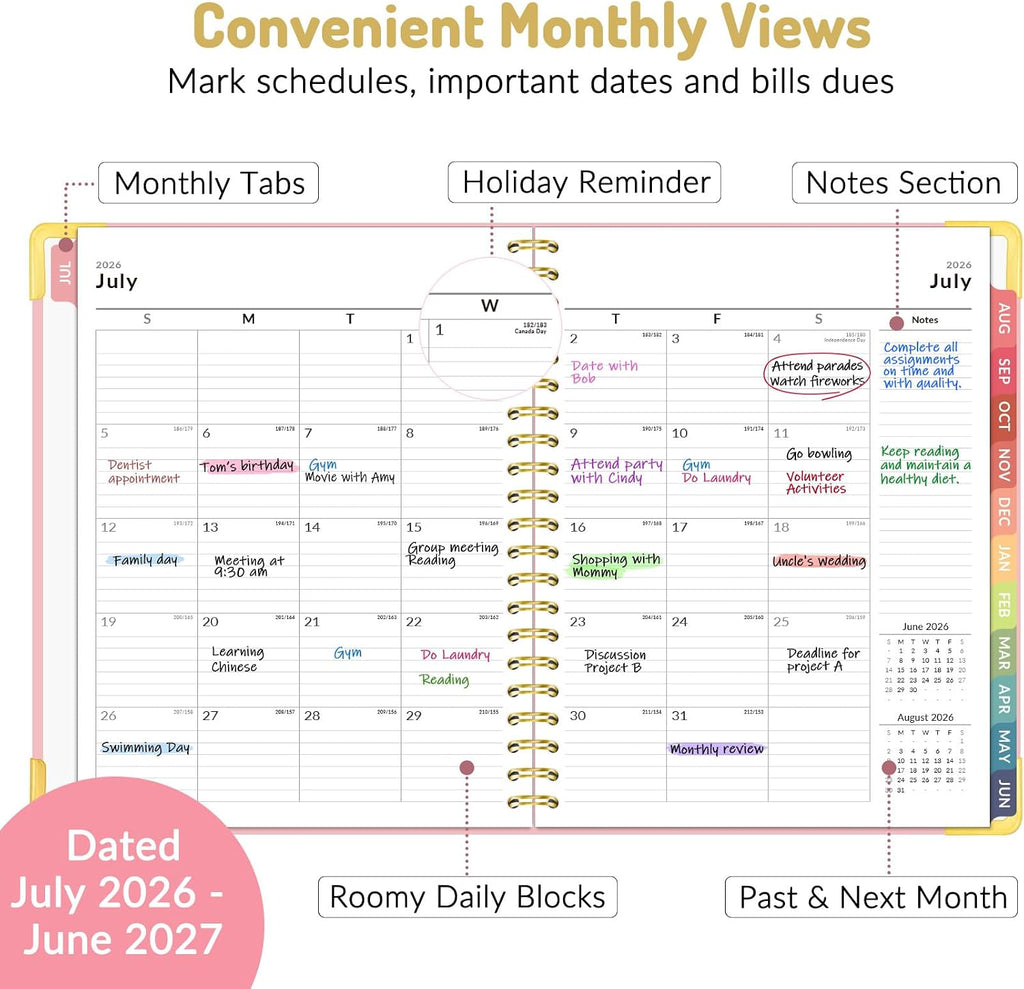 Forvencer Academic Planner 2026-2027, Calendar Jul 2026-Jun 2027, 8.5"x11" | Hardcover Weekly & Monthly Planner, Daily Agenda Book with Tabs, College School Organizer for Student Teacher, Pink