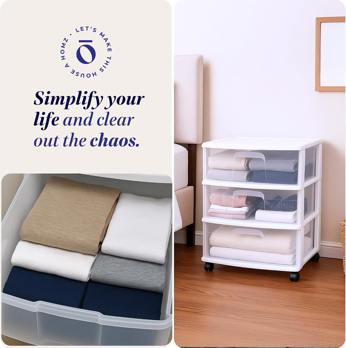 HOMZ Drawer Tower, 3-Tier Storage Cart with Removable Wheels, White Frame
