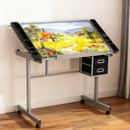 ZENY Drafting Table on Wheels with Storage Drawers, Adjustable Glass Tabletop, Craft Table Drawing Desk Artist Hobby Table for Painting, Drawing, Crafting | Mobile Rolling Drawing Desk with Adjustable Tilting Glass Top, Storage Drawers, Art Craft