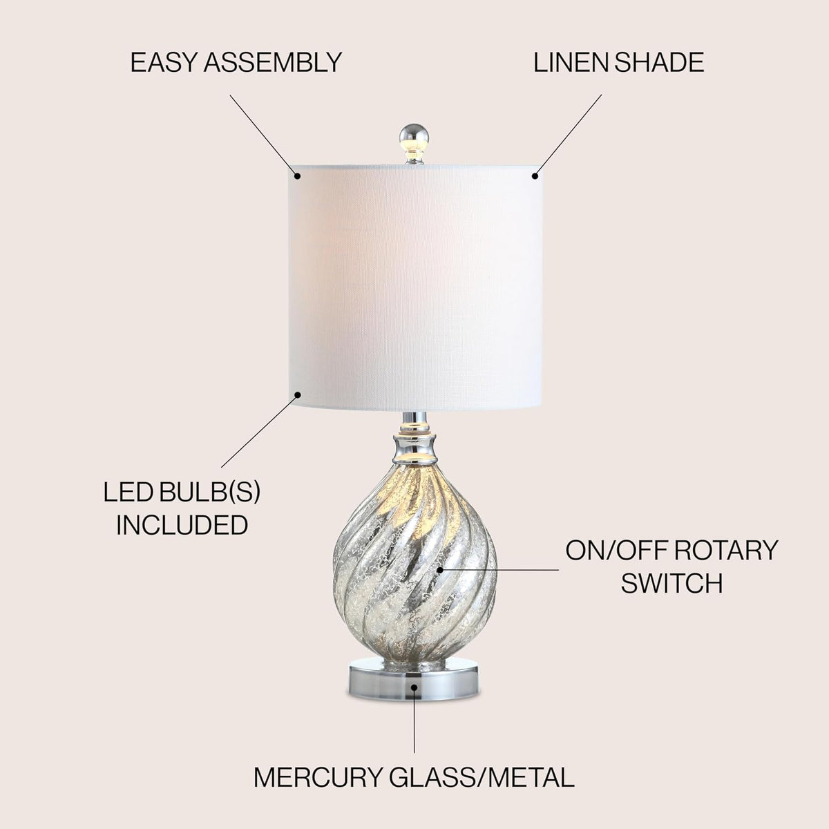 JONATHAN Y Lawrence Textured Table Lamp 20.5" Glass Metal, Mercury Silver
