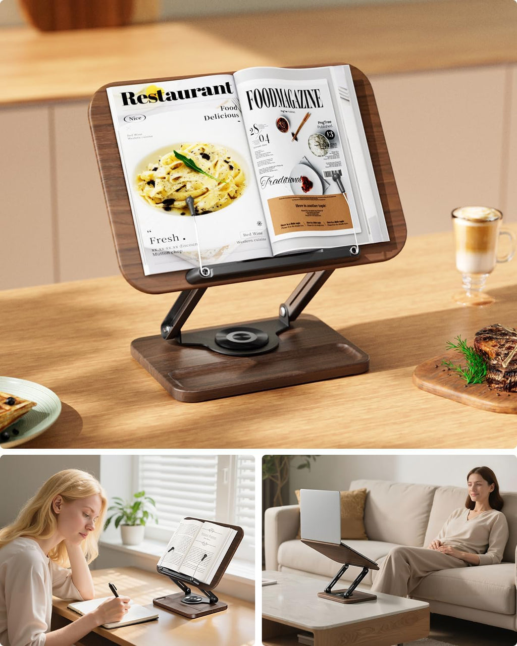 Viozon Book Stand for Reading, Book Holder 360° Rotating Base with Pen Slot, Foldable Reading Display Stand with Elastic Page Clips for Cookbook, Recipe, Textbook, Tablet, Laptop