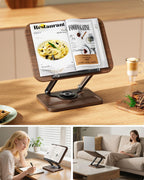 Viozon Book Stand for Reading, Book Holder 360° Rotating Base with Pen Slot, Foldable Reading Display Stand with Elastic Page Clips for Cookbook, Recipe, Textbook, Tablet, Laptop