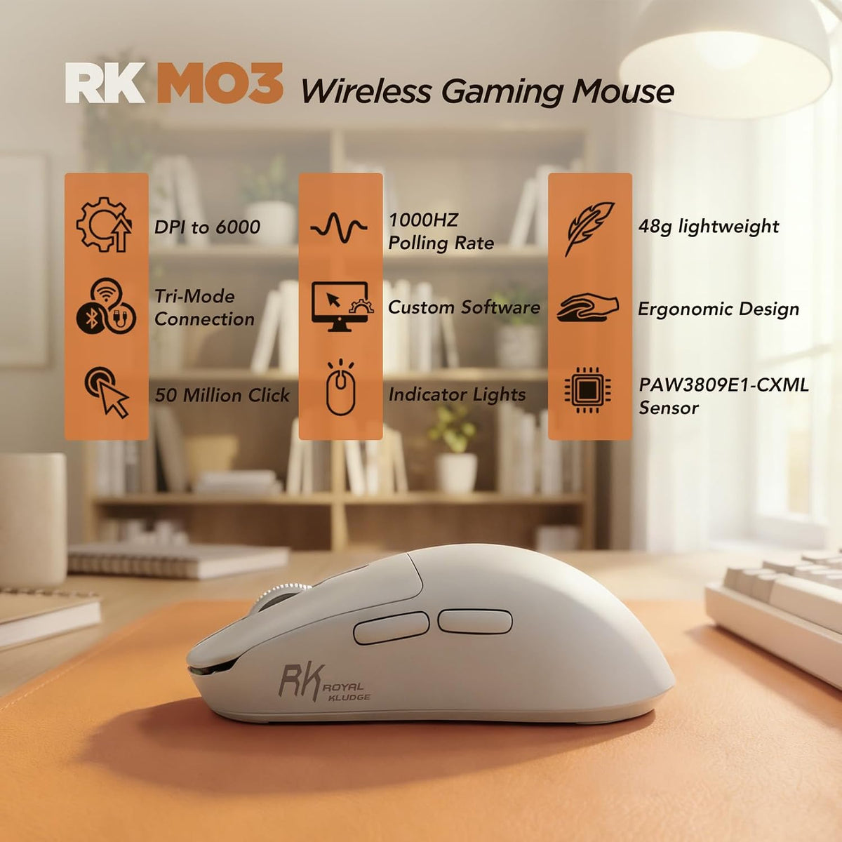 RK ROYAL KLUDGE MO3 Wireless Gaming Mouse, 48g Lightweight PC Mice, White