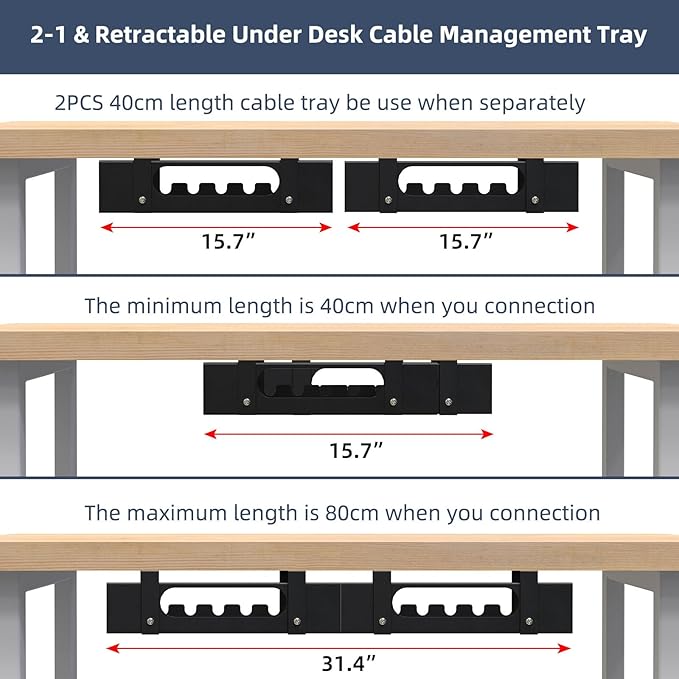 2 Pack Cable Management Under Desk Tray, Adjustable Length Large Cord Organizer - Image 2