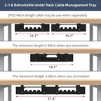 2 Pack Cable Management Under Desk Tray, Adjustable Length Large Cord Organizer - Image 2