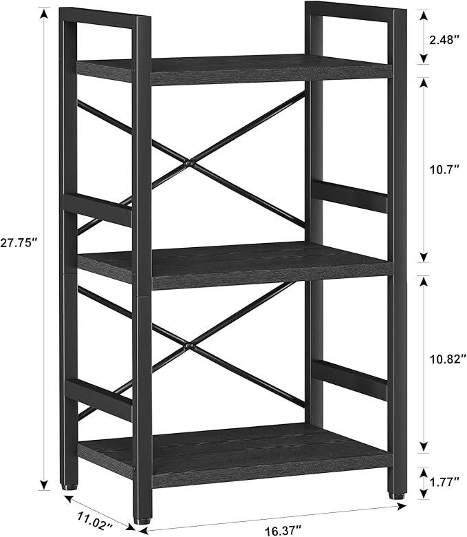 Homeiju Bookshelf, 3 Tier Industrial Bookcase, Metal Small Bookcase, Rustic - Image 3