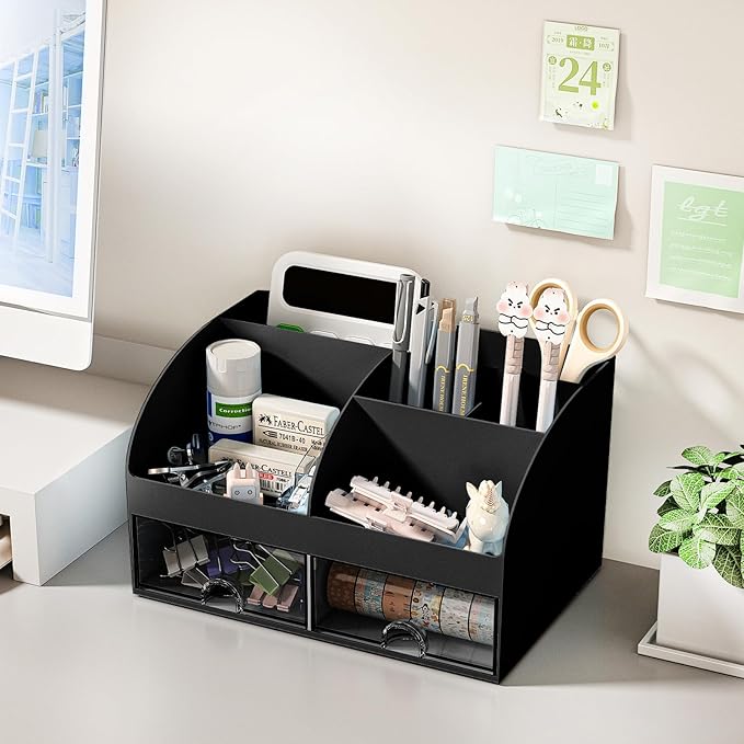 Desk Organizer with 6 Compartments and 2 Drawers, Plastic Makeup Organizer - Image 4