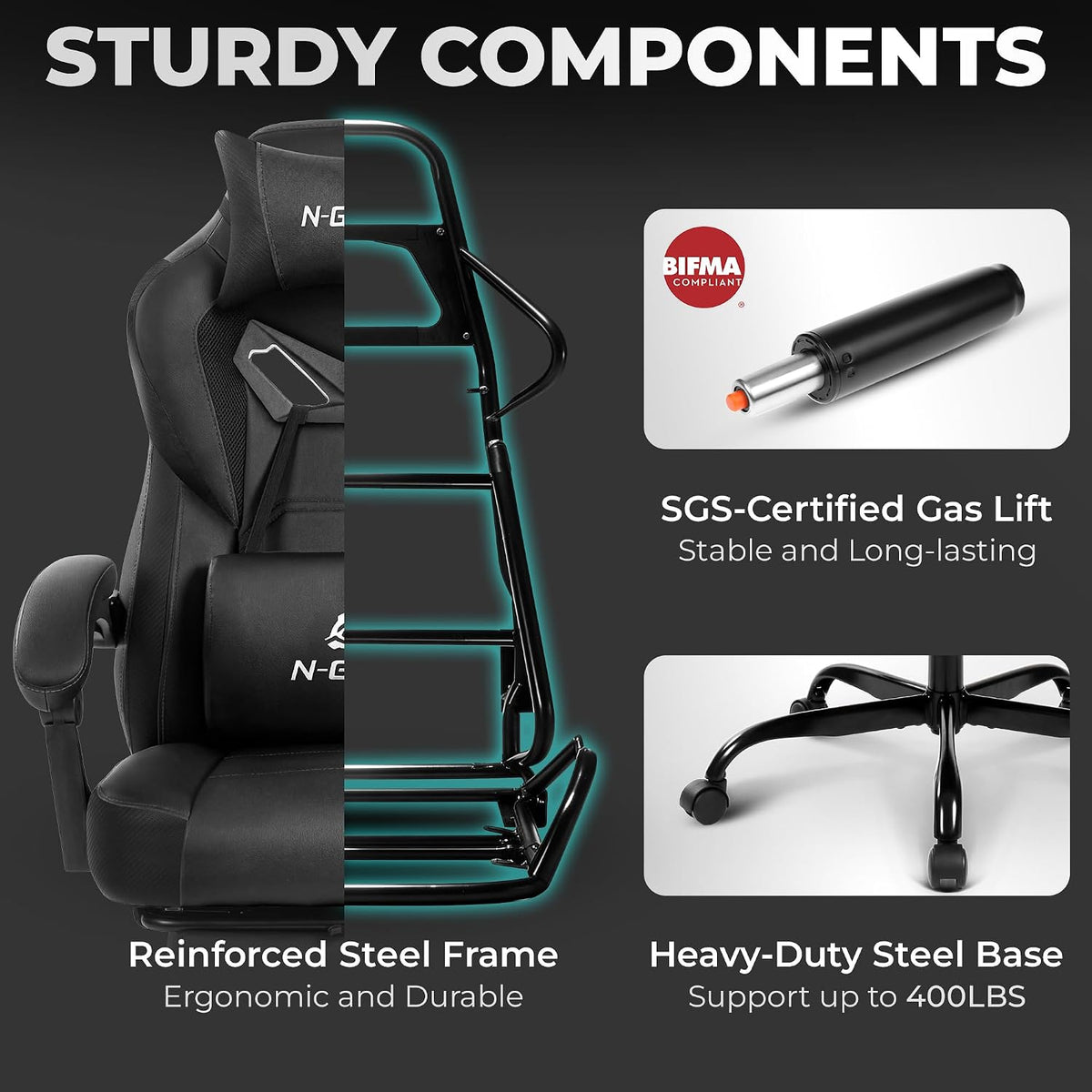 N-GEN GAMING Big & Tall Gaming Chair, Footrest, Lumbar Support, Dark Black