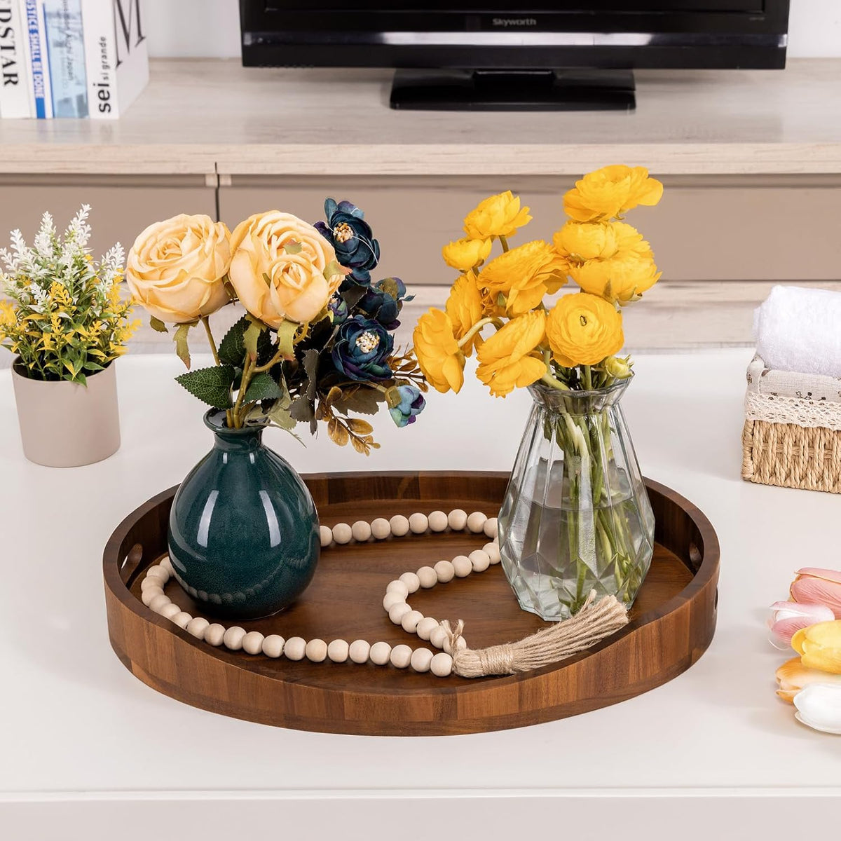 HouseJoy Wood Serving Tray with Handle,Ottoman Tray with High Edge