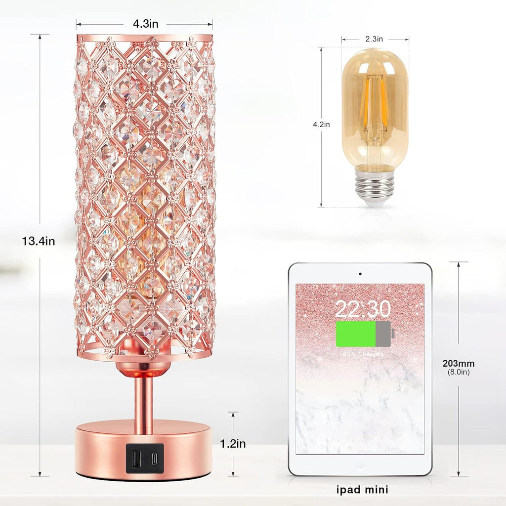 pink crystal table lamp, 3 way dimmable touch showing dimensions