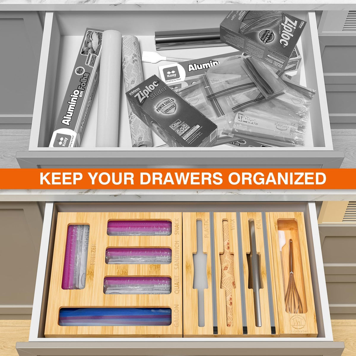 DALSHABET 9-in-1 Bamboo Kitchen Drawer Organizer for Storage Bags and Wrap
