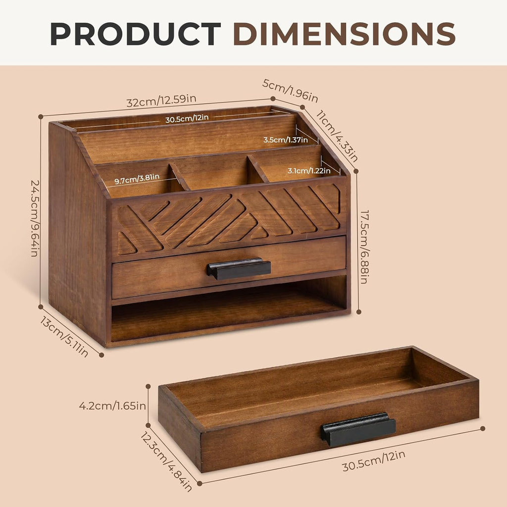 wooden desk organizer with 7 compartments and drawer shown in use